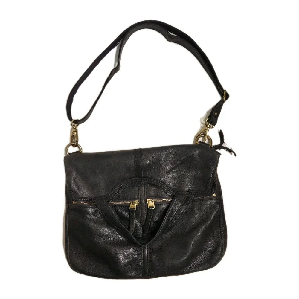 Fossil Black Pebbled Leather Fold Over Crossbody Hand Bag With Brass Hardwear